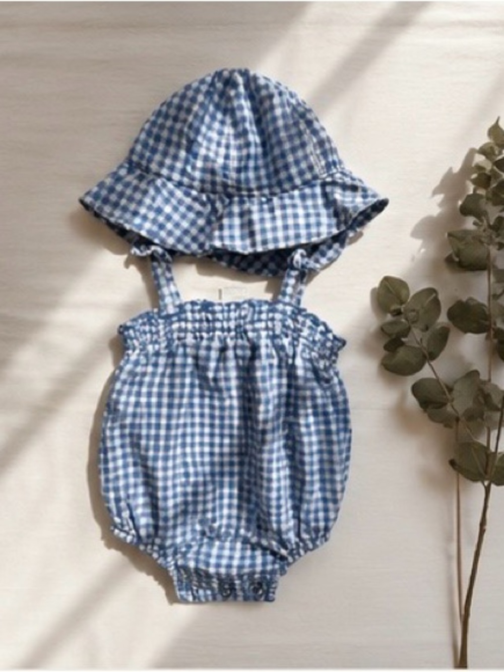 Carter's Blue & White Gingham Baby Romper with Sun Hat